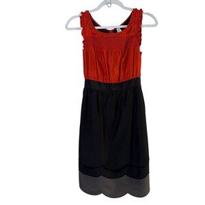 Maeve Anthropologie Horizon Line Scalloped Tiered Dress Size 2 Black Orange Silk